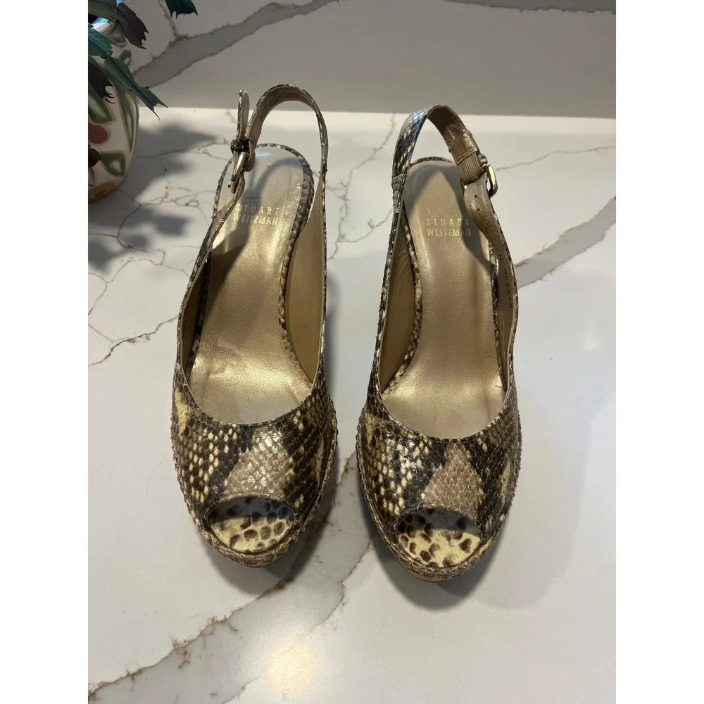Stuart Weitzman Snakeskin Embossed Cork Wedge Slingback Sandals Brown 7.5 M